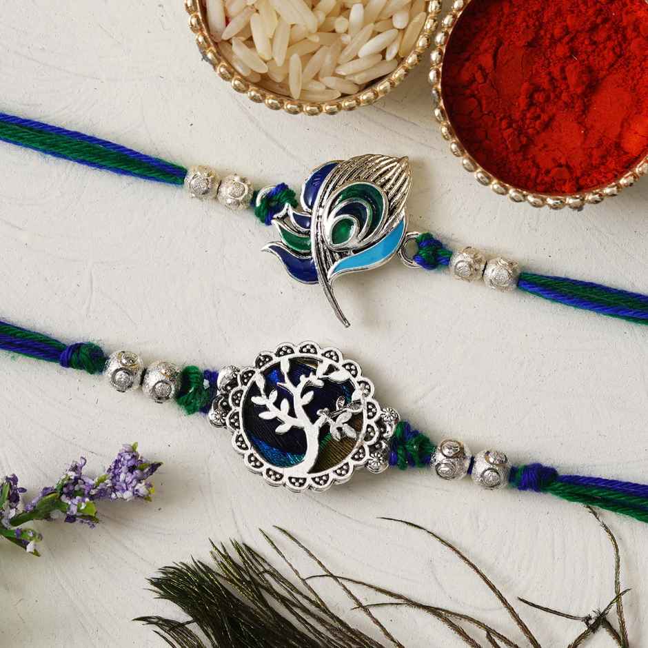 Religious Peacock Feather and Floral Designer Rakhis for Brothers & Roli Chawal Pack (eCraftIndia) Set of 2