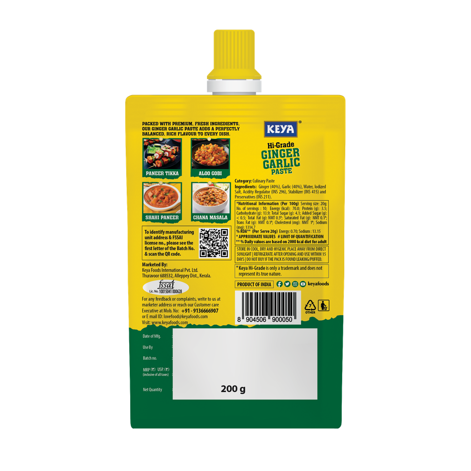 Keya Hi-Grade Ginger Garlic Paste | Balanced Ginger Garlic with Intense Flavour