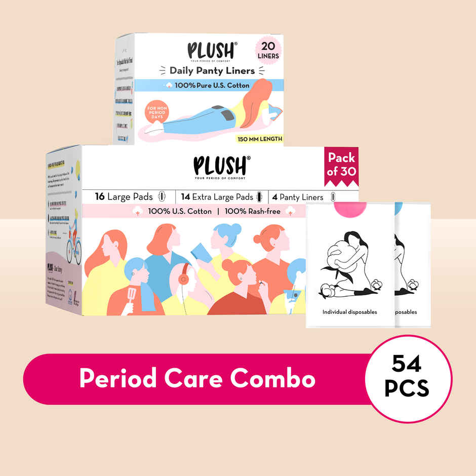 Plush Sanitary Pads Curated - (30pc) & 100% Pure US Cotton Panty Liners 150 Mm(20pc) Combo