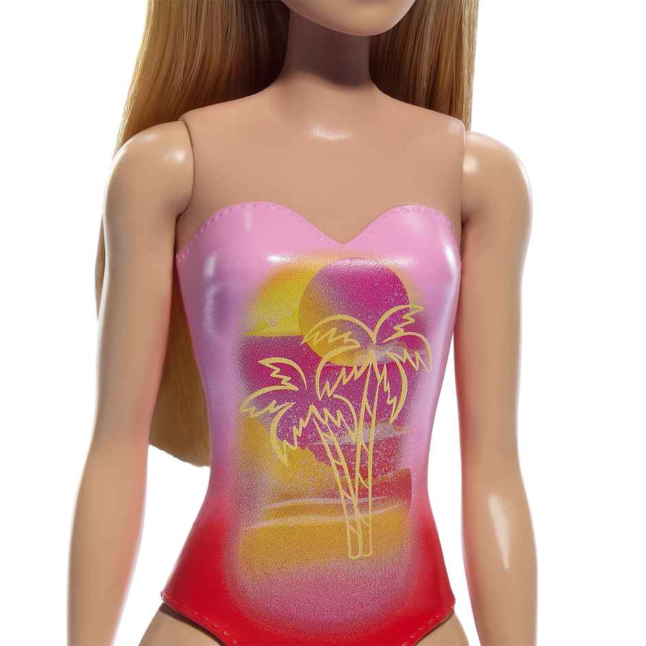 Mattel Barbie Beach Doll with Blond Hair, Pink One-Piece Swimsuit with Palm Tree Print
