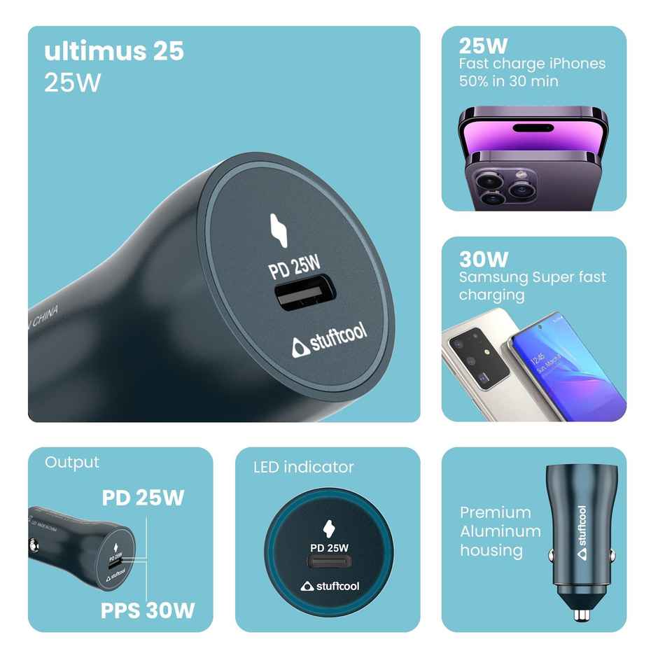 Stuffcool Ultimus 25W Type C Port car Charger. Supports PPS Super Fast Charging PD Charging, Charges iPhone and Pixels 50% in 30 mins, Super Compact Shape Aluminium Body - Green