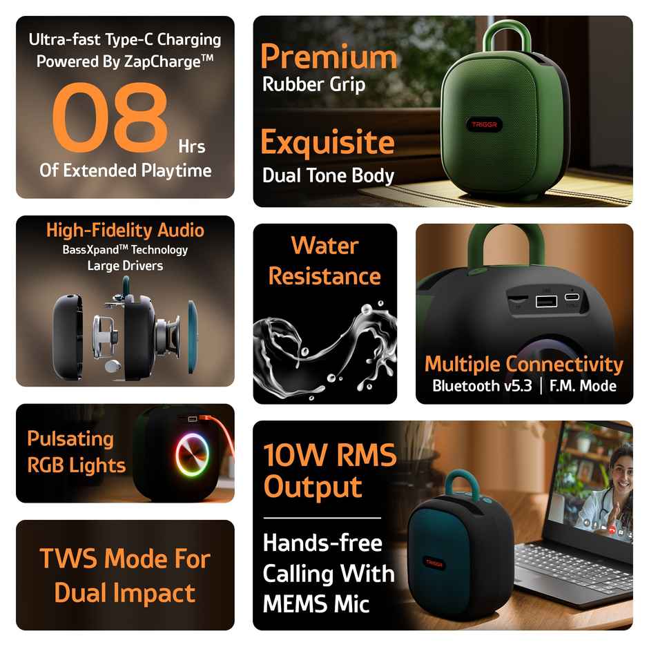 TRIGGR Puls8 Portable 10W Speaker | BT v5.3 | FM Mode | Rubber Finish | 8 Hr | | Jungle Green
