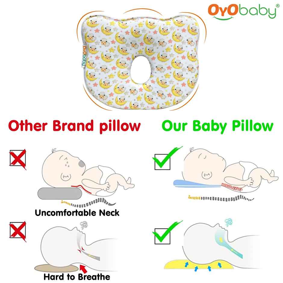 Oyo Baby Memory Foam Baby Head Shaping Pillow, Bear Shape, Moon Print