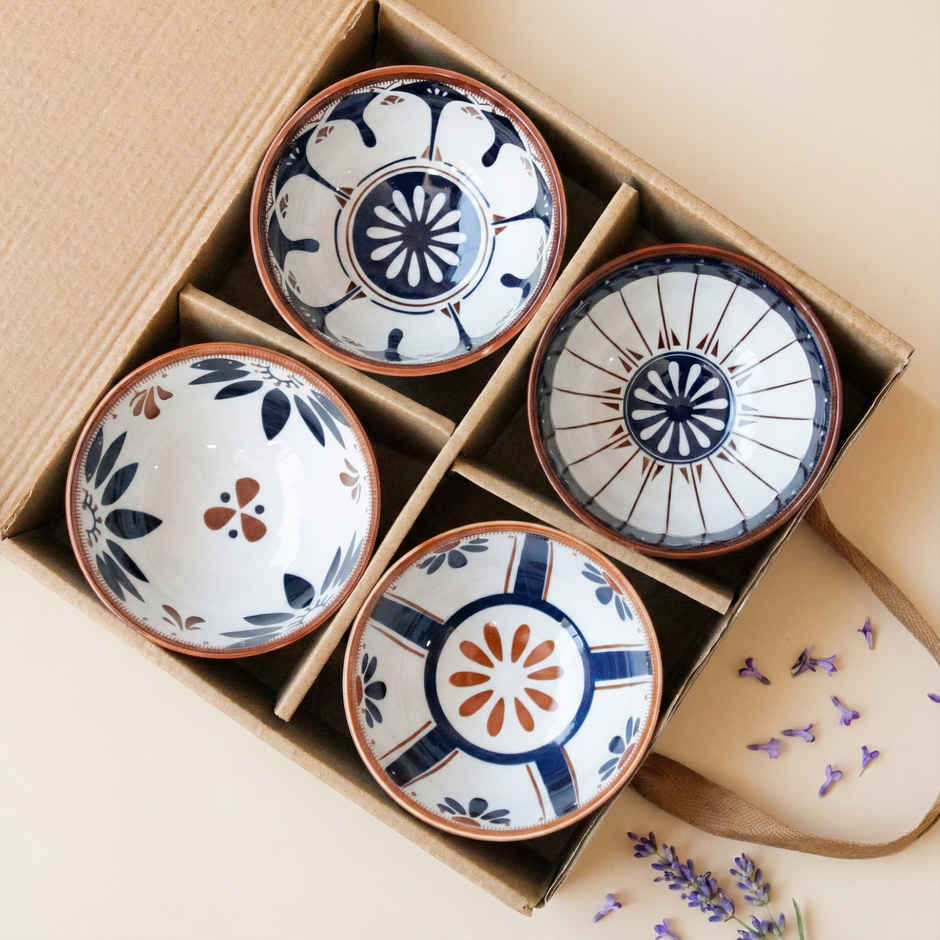 The Earth Store Blue Oriental Ceramic Bowl Set | Microwave & Dishwasher Safe | 300 ml