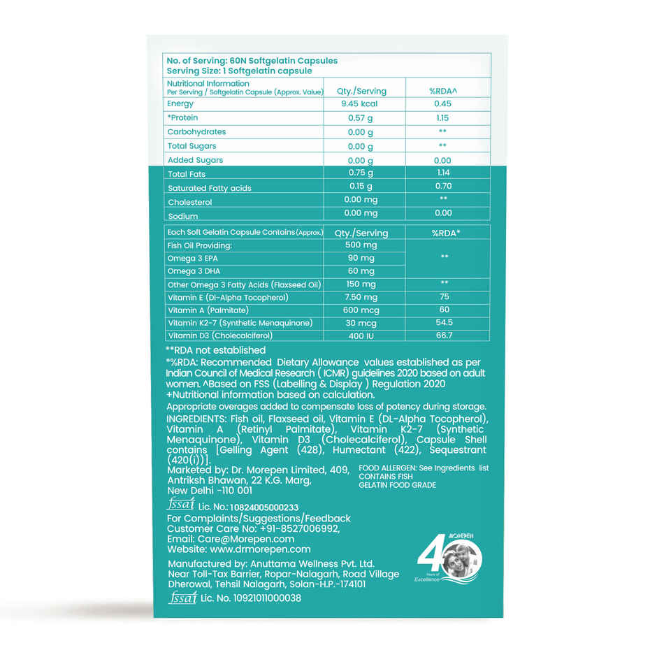 Dr. Morepen Omega-3 Fish Oil 500mg Capsules with Vitamin A & E No Fishy Burps