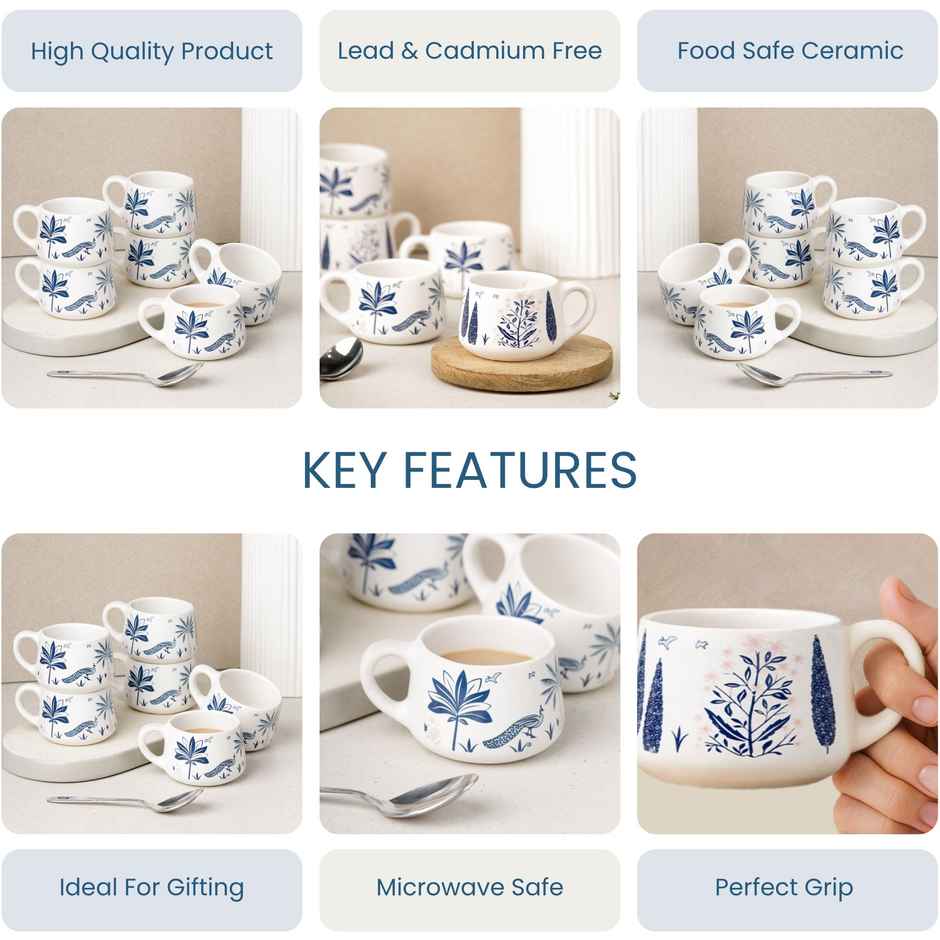 The Earth Store Blue Peafowl Ceramic Tea Cup | 150 ml Each Microwave Oven Safe Coffee Cups