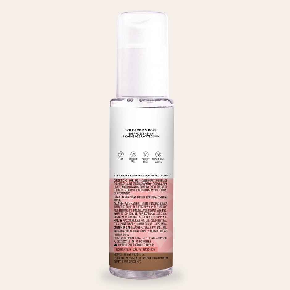 Just Herbs Steam Distiilled Rose Water Refereshing Pore Cleansing Toner Mist For Women