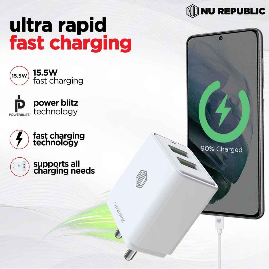 Nu Republic 15.5W Dual USB Port Superfast Charger Multiport Adapter + Cable, Micro USB to USBA - White