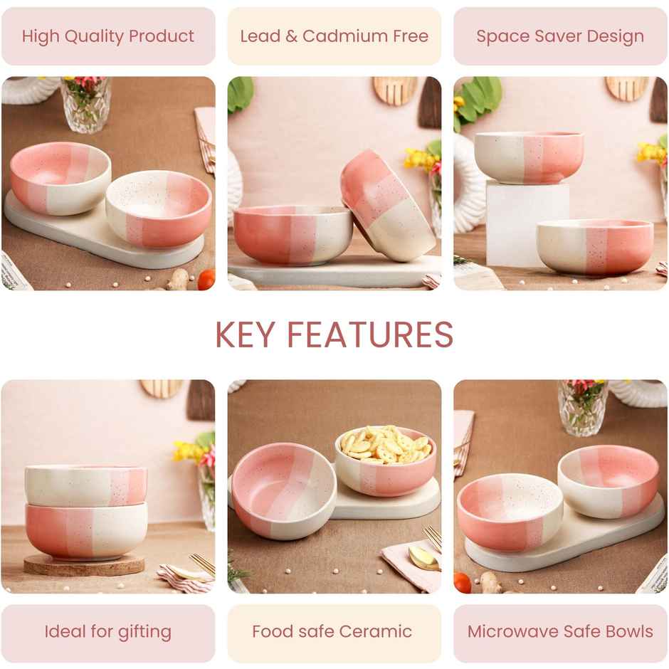 The Earth Store TT Pink Matte 2Pc Ceramic Bowl Gift Set, 500 ml Each Microwave Safe, Snack Serving