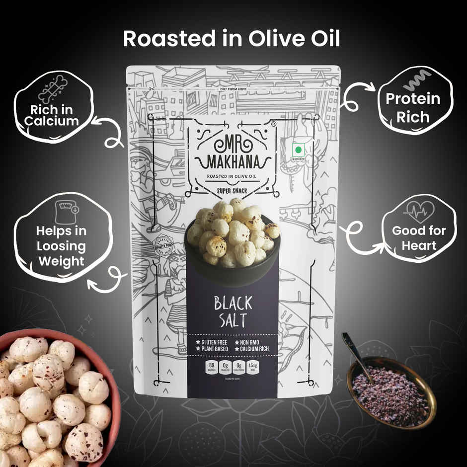 Mr Makhana Fox Nuts Black Salt | Delicious Teatime Snack, Popped Lotus Seeds, Roasted In Olive Oil