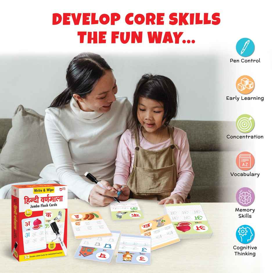 Little Berry Hindi Varnamala Write & Wipe Jumbo Flashcards with Marker Pen - Educational Toy - Lb34