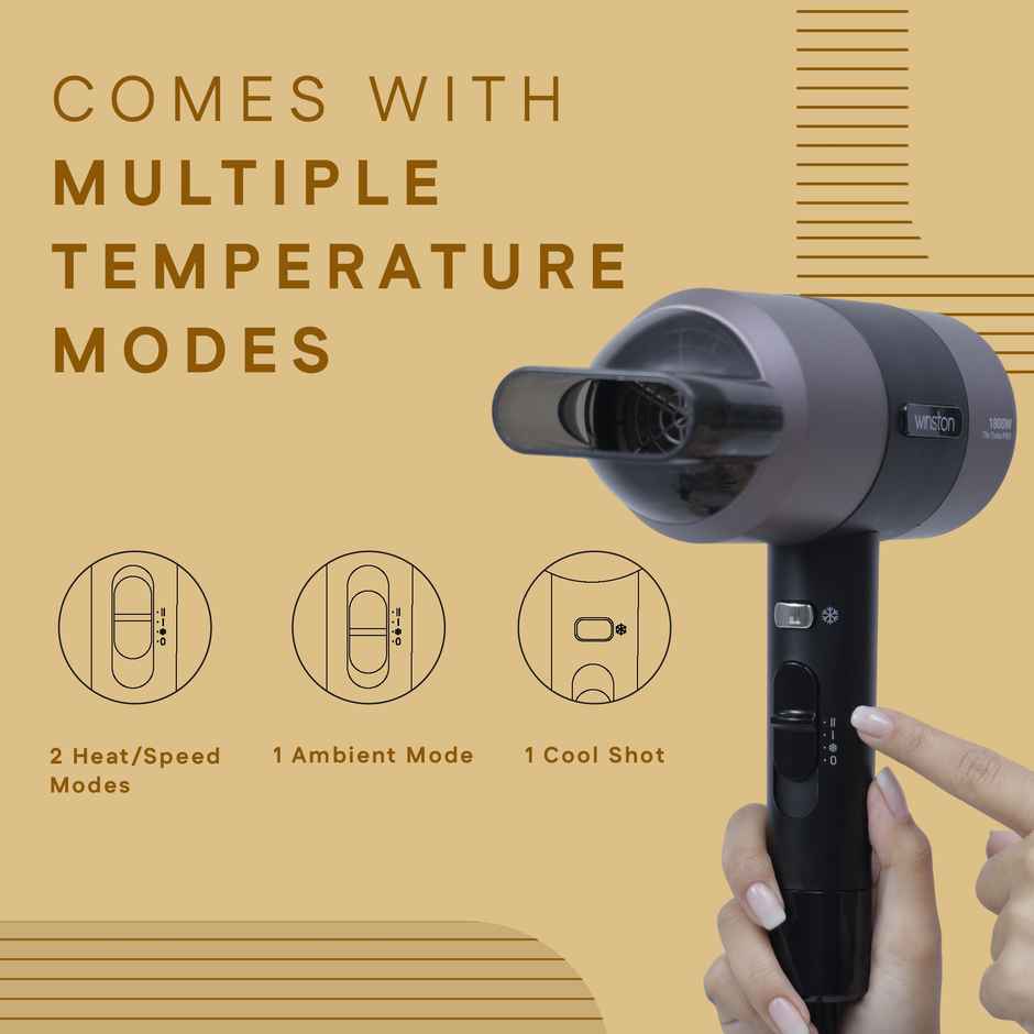 Winston Hair Dryer 1800W - Turbo Pro with Low Noise | Cool Shot & Overheat Protection - Black