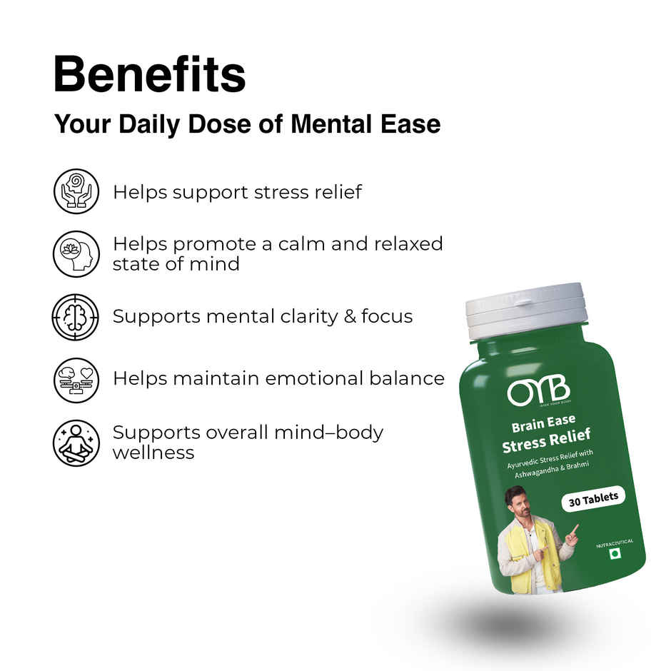 OYB Brain Ease Stress Relief with Ashwagandha & Brahmi for Calm Mind, Focus & Anxiety | 30 Tablets