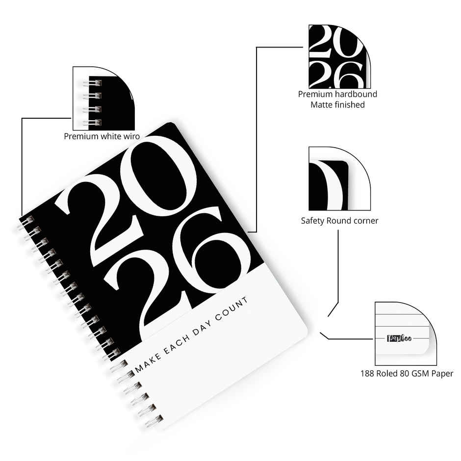 Papboo A5 Hardcover 2026 Diary with Calendar | 80 GSM | Ruled | 188 Pages | Black