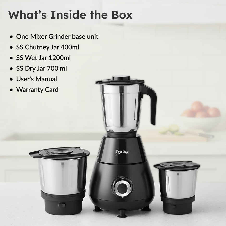 Prestige Apex Mixer Grinder | 500 W | 3 Jar | Super Efficient Stainless Steel Blades - Black