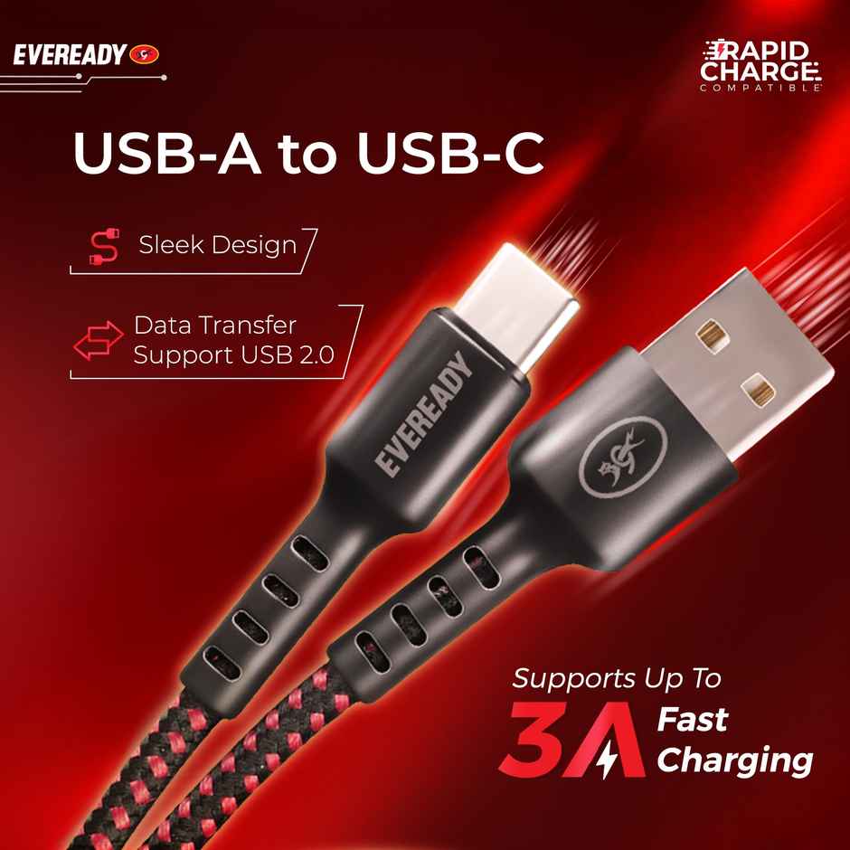 Eveready Nylon Braided Charging Cable | 60W | Type A to Type C | 1.5 m Length | 3A