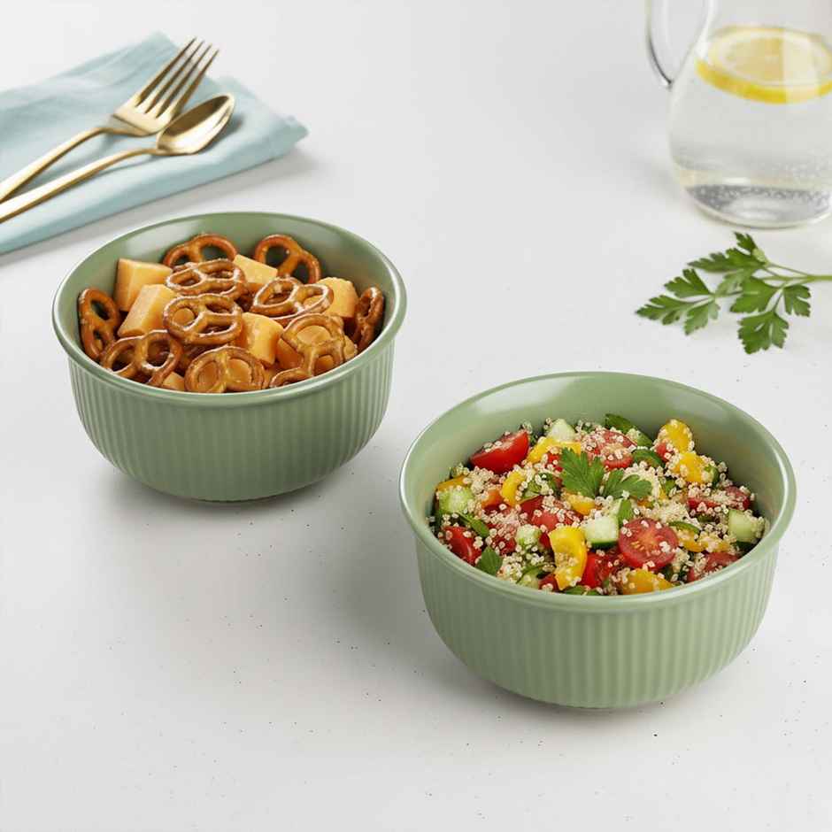 The Earth Store Green Fringe 2Pc Ceramic Bowl Gift Set, 500 ml Each Microwave Safe, Snack Serving