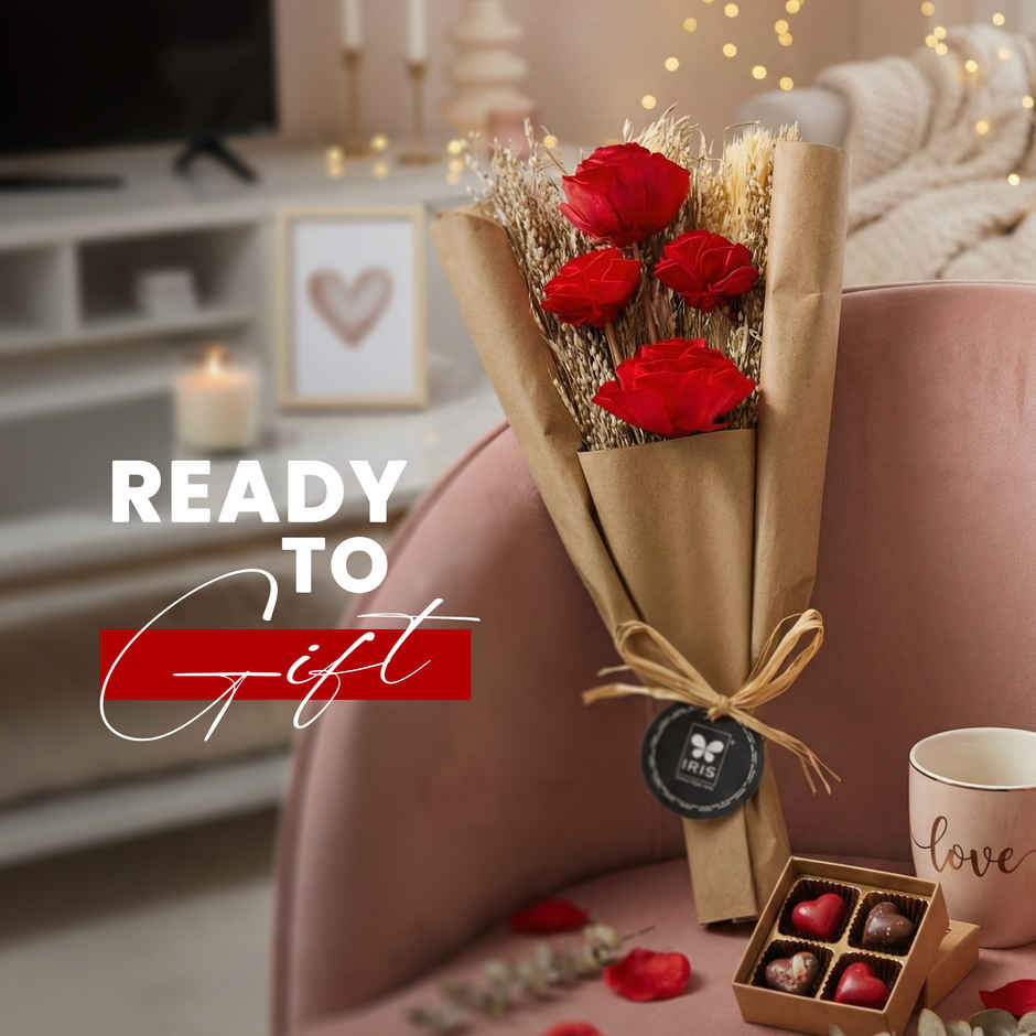 Everlasting Red Rose Love Dry Flower Bouquet with Fragrance Spray | Ideal for Gifting | IRIS