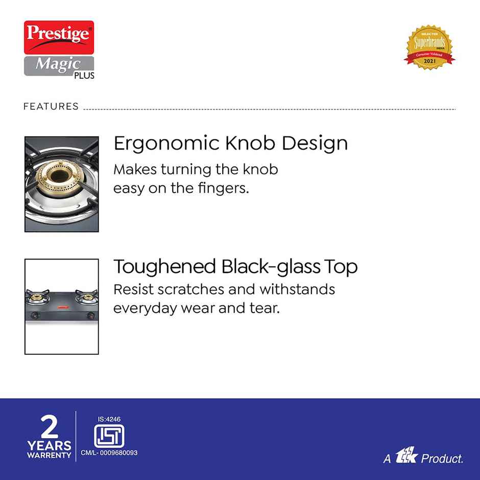 Prestige Magic Plus GTMP-02 LP Gas Stove,2 Brass Burners,Toughened Black-Glass Top,2yrs Warranty