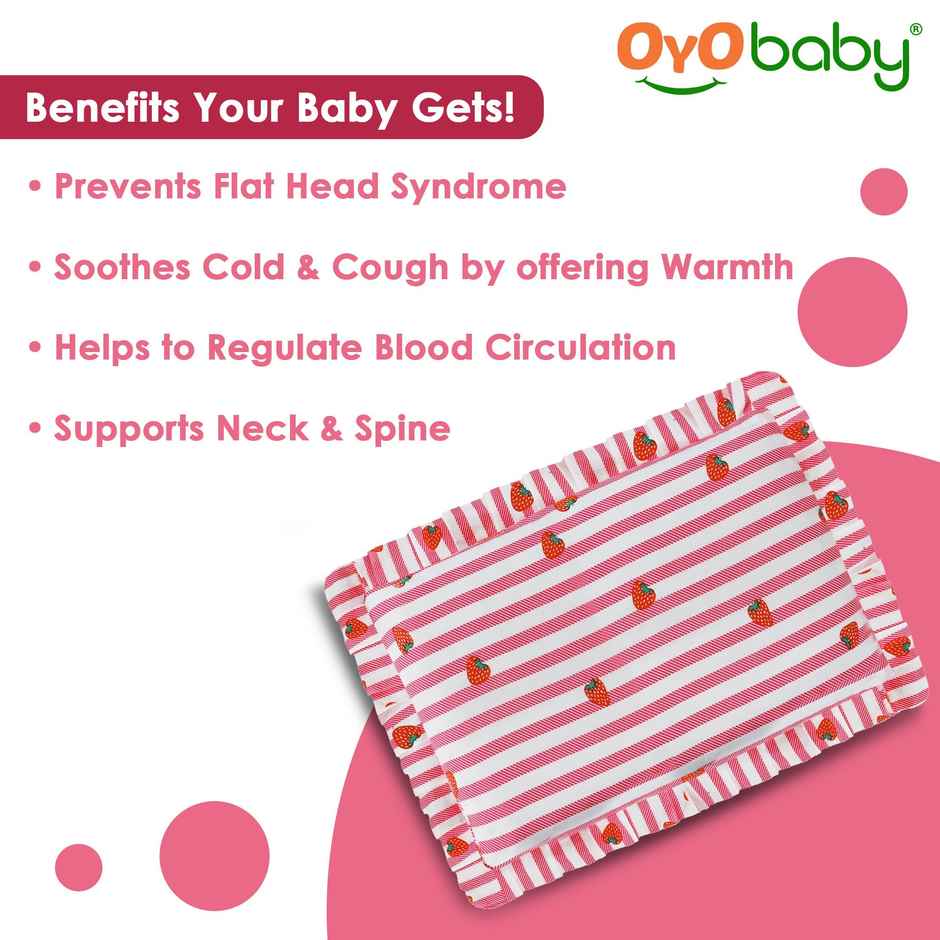 Oyo Baby Rai Mustard Seeds Pillow, Head Shaping Baby Pillow 0-12 Months, Strawberry Print, Pink