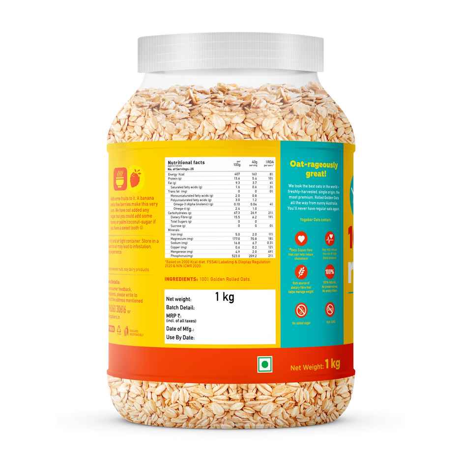 Yoga Bar Rolled Oats 1 kg Jar | Premium Golden Rolled Oats, Gluten Free with High Fibre, Non GMO