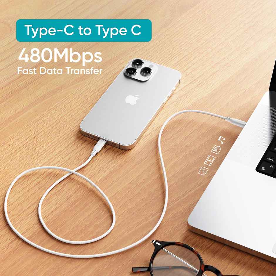 Ambrane Unbreakable 60W Fast Charging 1.5M Braided Type C to Type C Cable | White