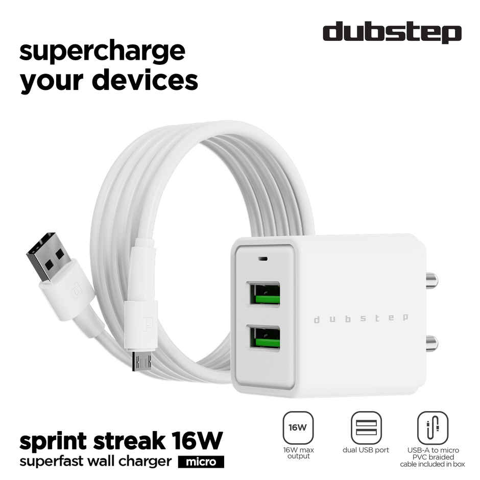 Dubstep Sprint 16W 3.1A Dual USB Port Superfast Charger Adapter (with Cable USB A To Micro USB) - White