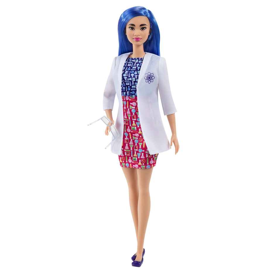 Barbie Scientist Doll Blue Hair | Color Block Dress | Lab Coat | Flats | Microscope Accessory