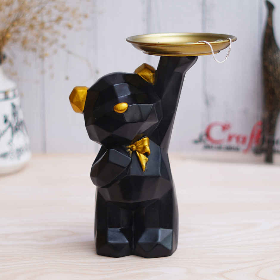 eCraftIndia Geometric Black Standing Teddy Bear Statue Holding Tray Showpiece