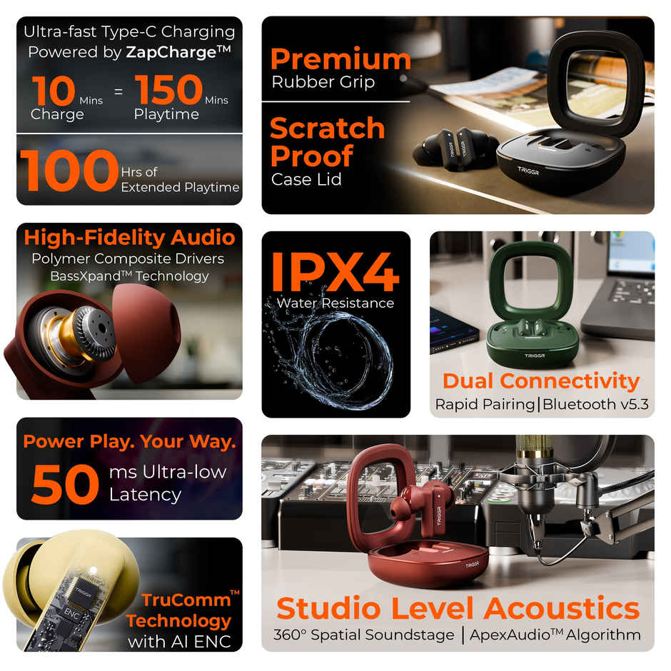 Triggr Earbuds Apex S1 | Dual Pairing | 100 Hr | Quad Mic ENC | Rapid Pair | Midnight Black