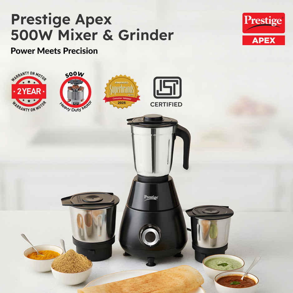 Prestige Apex Mixer Grinder | 500 W | 3 Jar | Super Efficient Stainless Steel Blades - Black