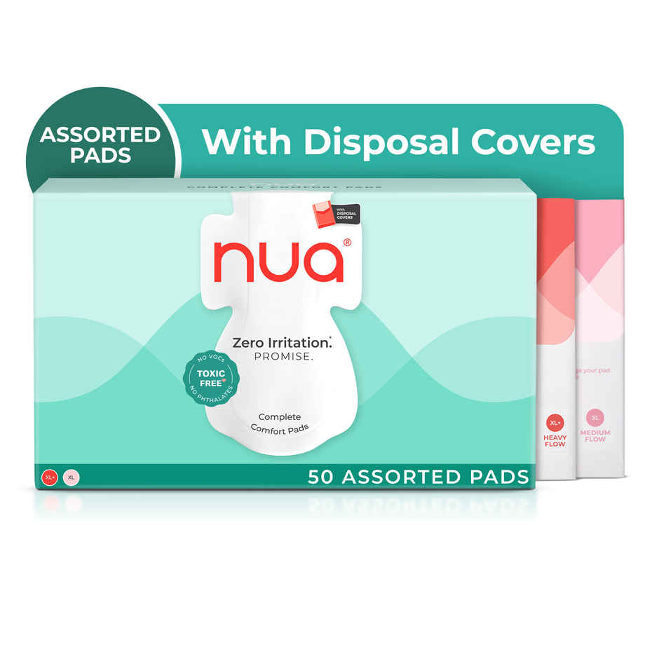 Nua Complete Comfort Pads with Disposal Cover for Heavy Flow & Medium Flow | 25XL+, 25XL | Assorted pack | 50 pcs