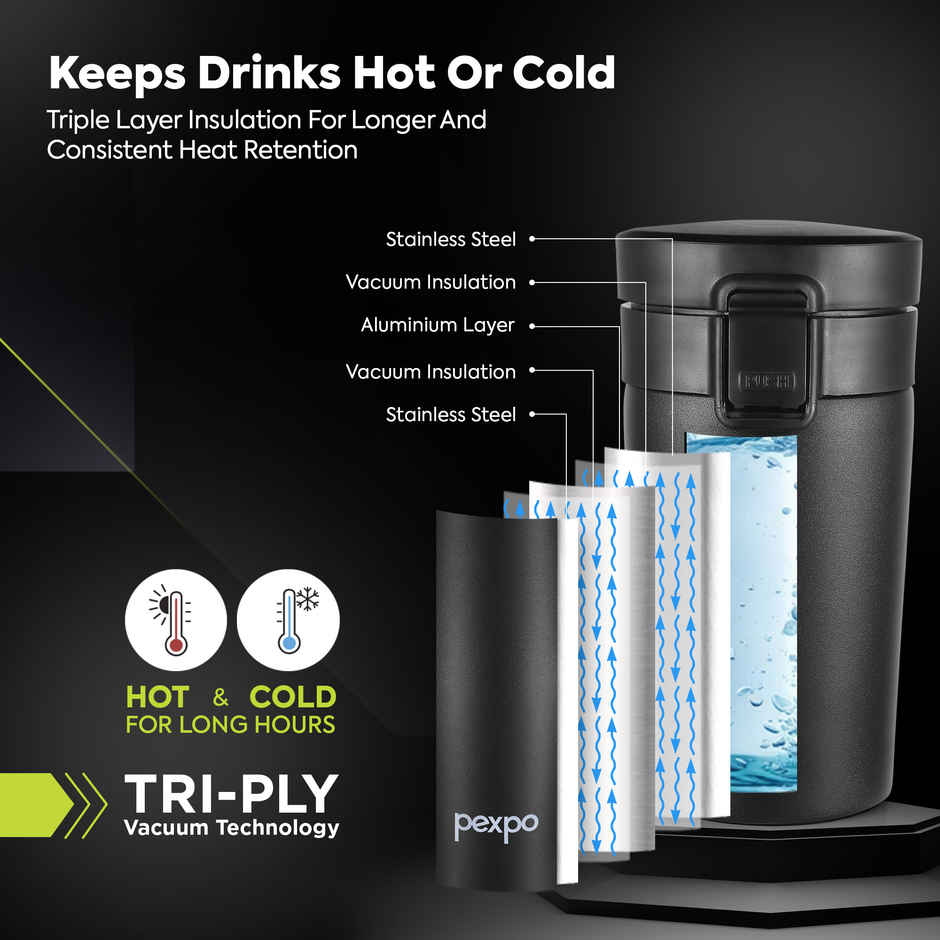 Pexpo Cocoa Pro Stainless Steel Vacuum Insulated Coffee Flask | Knight Black | 260 ml
