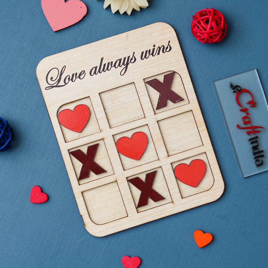Wooden Love Always Wins Tic Heart Toe Game Board | Valentine Gift | EcraftIndia