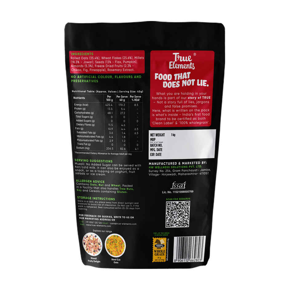 True Elements No Added Sugar Muesli Jar Wholegrain Breakfast Cereal Sugar Free Muesli