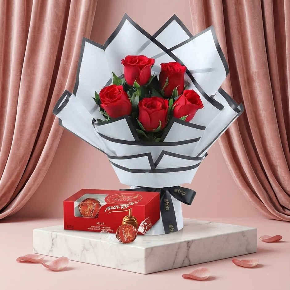 5 Red Rose Bouquet (1pc) & Lindt Lindor Milk Chocolate Cornet Trio Pack (37.5g) Combo