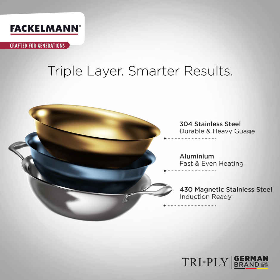 Fackelmann 2.5 Liter Kadai 24 CM, Triply | German Quality | Energy-Efficient | Non-Toxic | Versatile Cookware | Hassle-Free Maintenance | Triply Stainless Steel kadai | Kadai for Cooking