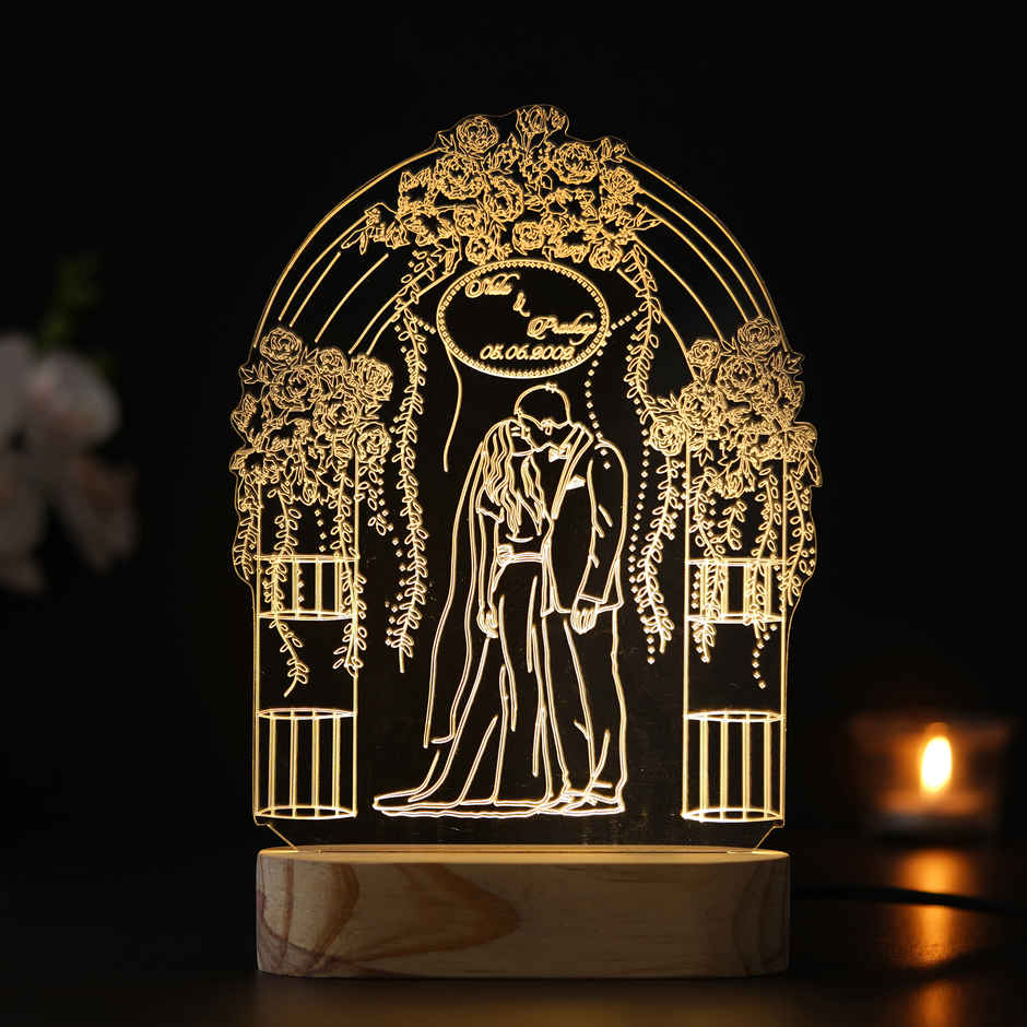 Golden Pattern Night Table Lamp Wooden Base Decor Light | eCraftIndia