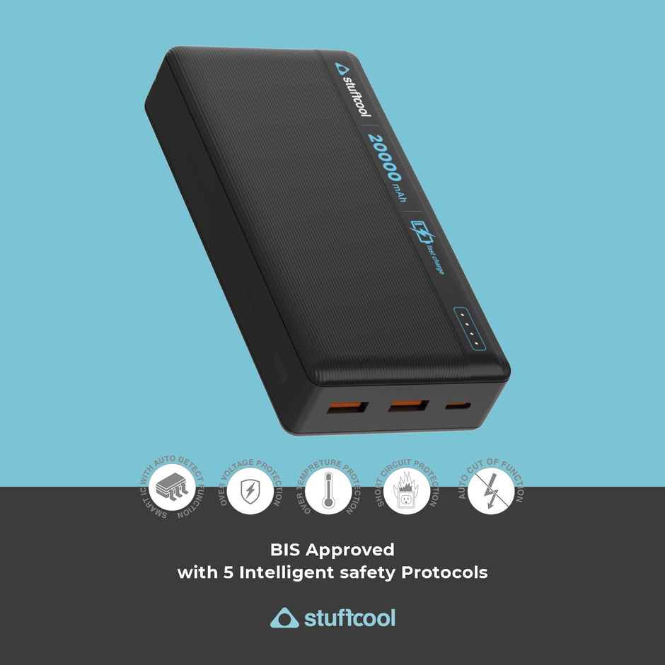 Stuffcool Major Plus 20000 mAh 20W Type C PD Powerbank,Fast Charging,50% in 30 mins,22.5W Type A Port