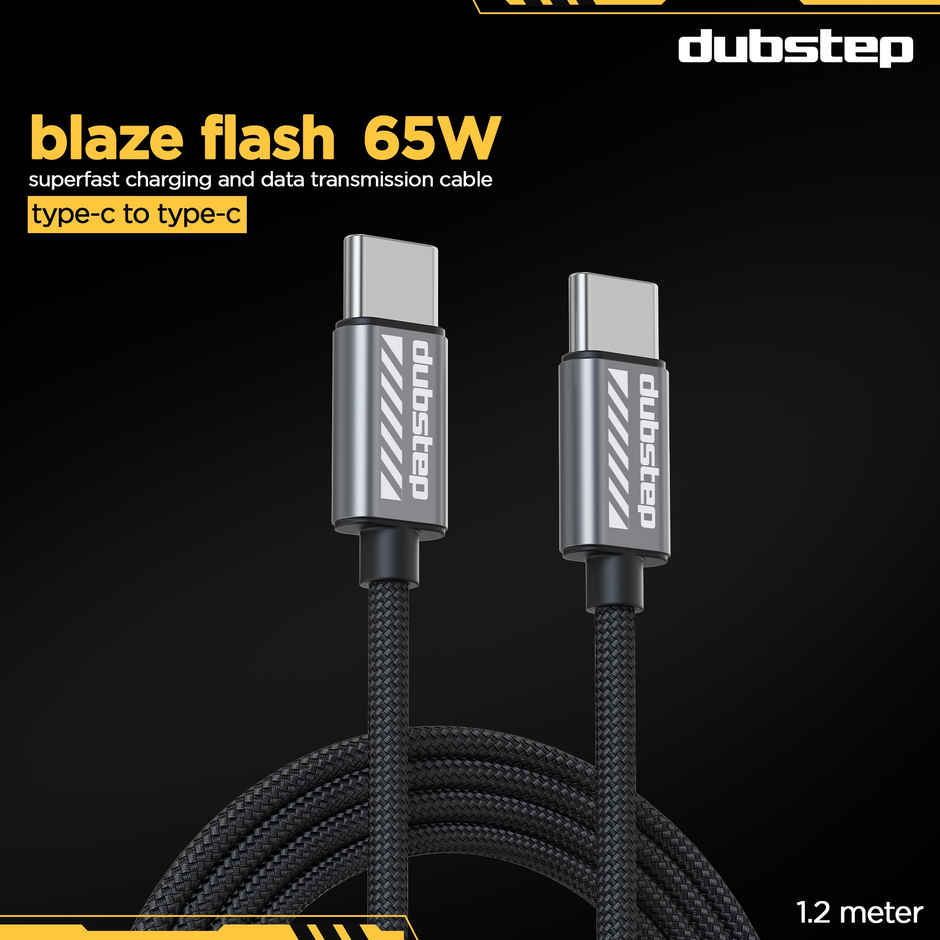 Dubstep Blaze Flash 65W Type-C to Type-C Nylon braided 1.25m Data Fast Charging Cable (Compatible with Mobile, Tablet, Laptop,One Cable) - Grey