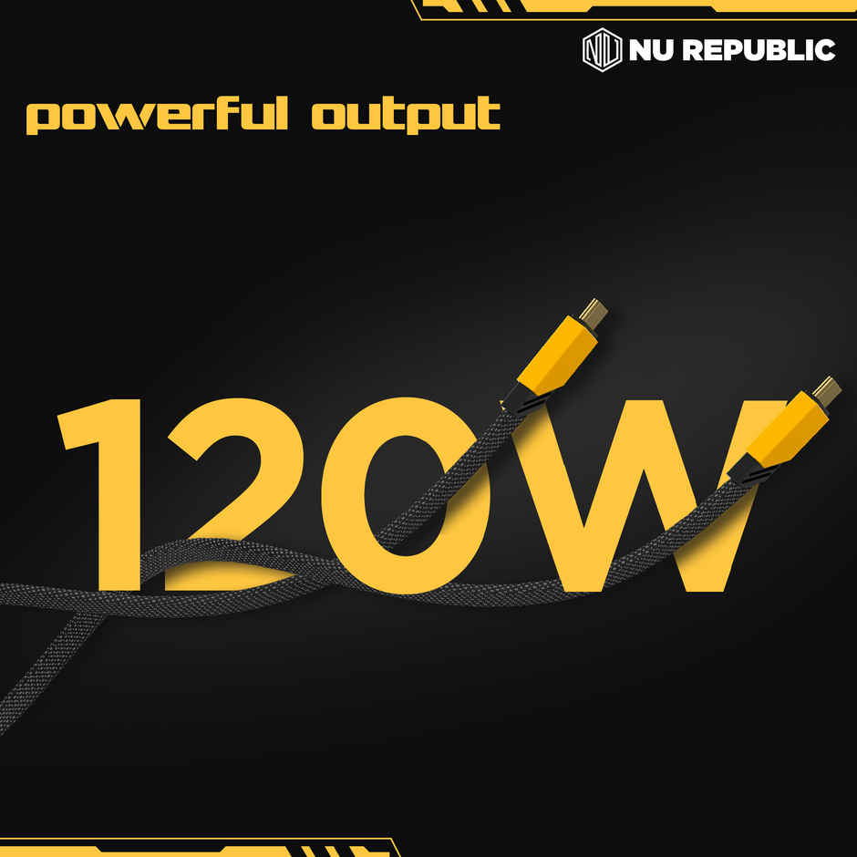Nu Republic Blaze Fusion 120W 1.2 M Type-C To Type-C Fast Charge Carbon Fibre Texture Braided Cable (Compatible With Mobile, Tablet, Laptop, Speakers)1.2M - Yellow & Black