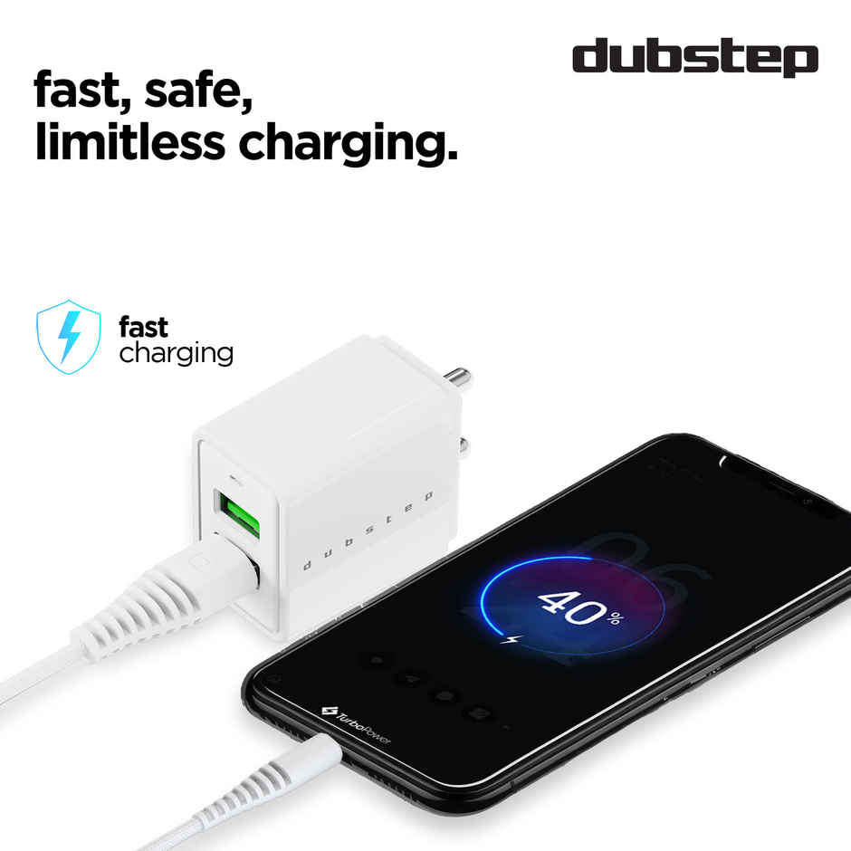 Dubstep Sprint 16W Dual USB Port Wall Charger with 1M Type-C Cable, Multi-Layer Smart Chip Protection, Fast Charging Adaptor for All iOS & Android Devices - White