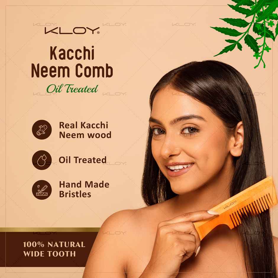 Kloy Kacchi Neem Comb, Wooden Comb For Men, Women Treated With Neem Oil, Bhringraj With Handle