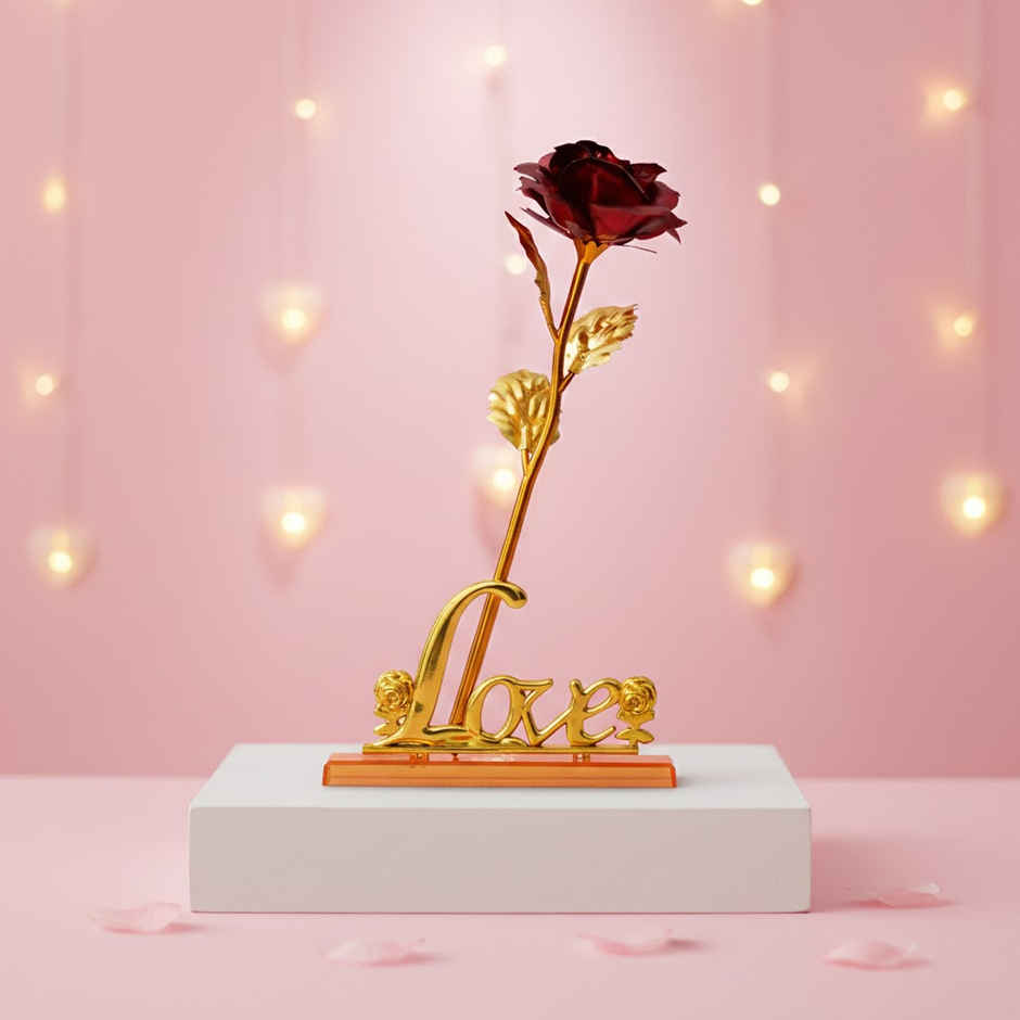 Golden Red Rose Flower with Love Showpiece | Valentine's Day Gift | EcraftIndia