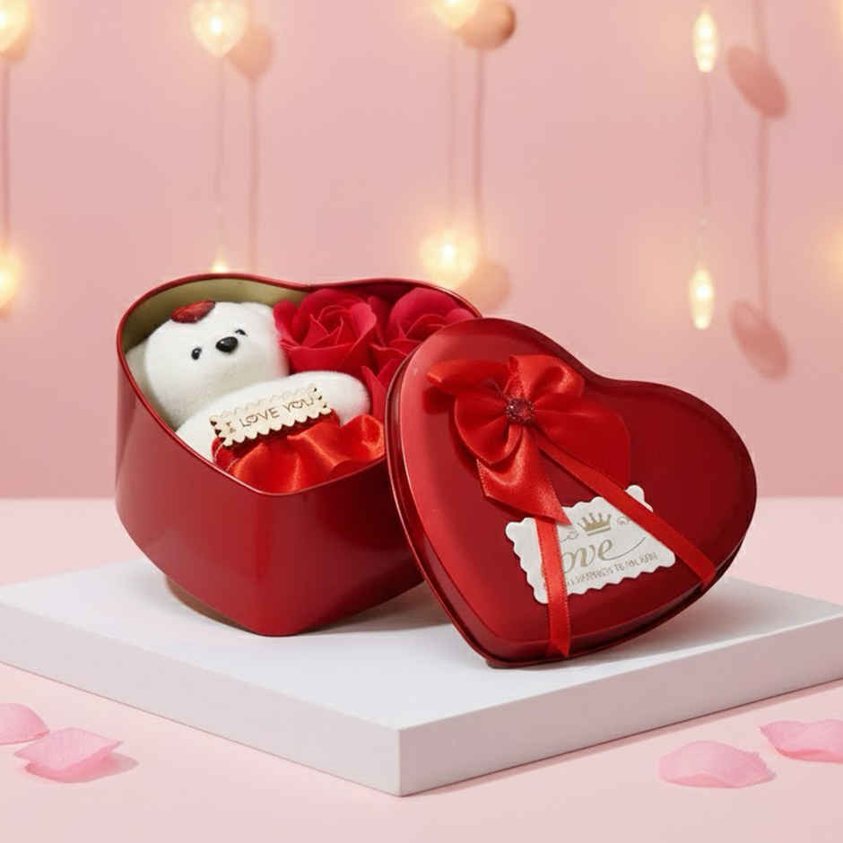 Heart Shape Gift Box with Teddy and Roses Combo Set | eCraftIndia