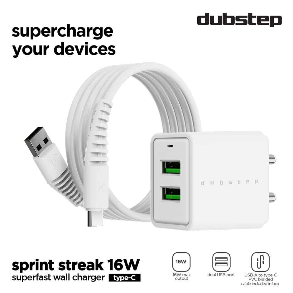 Dubstep Sprint 16W Dual USB Port Wall Charger with 1M Type-C Cable, Multi-Layer Smart Chip Protection, Fast Charging Adaptor for All iOS & Android Devices - White