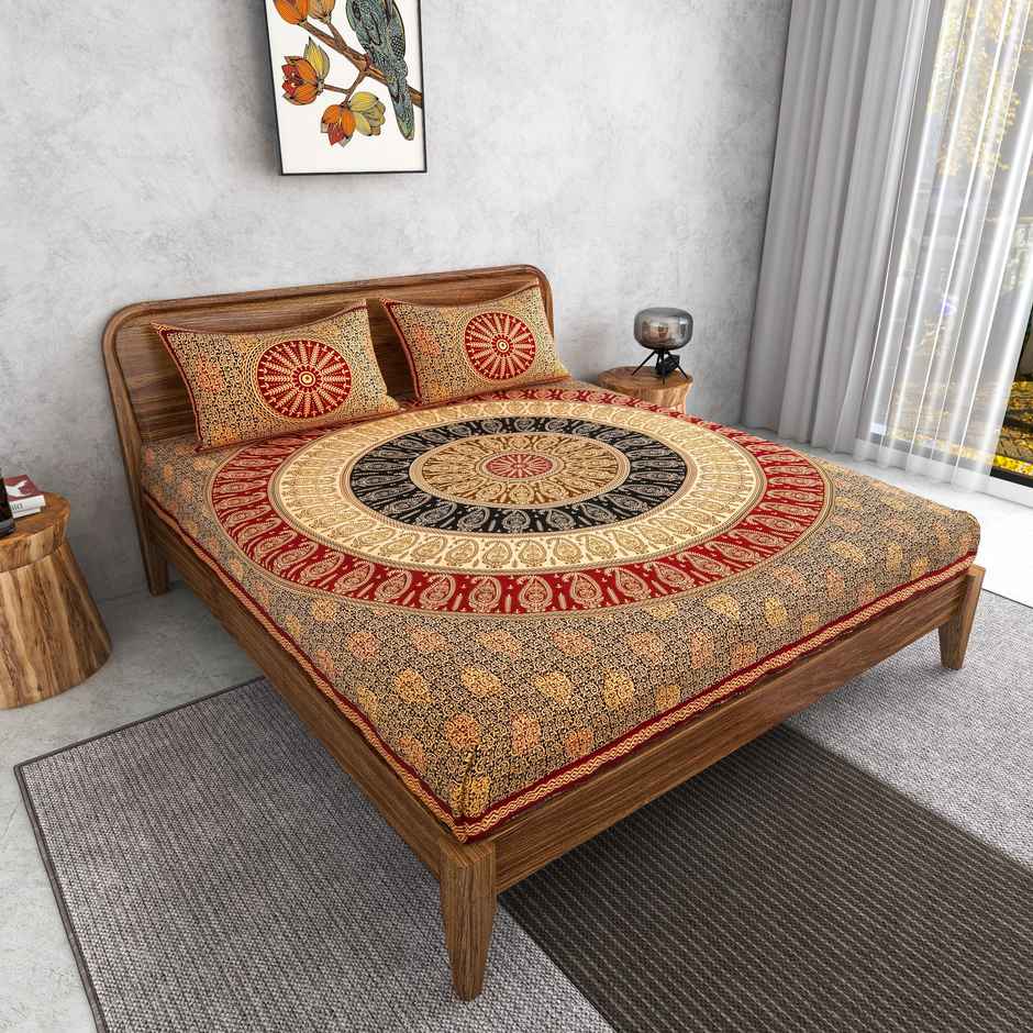 Furnofy King Size 100% Cotton Jaipuri Print Bedsheet | With 2 Pillow Covers | Multicolour, 90x108in