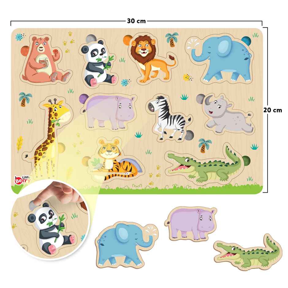 Little Berry Jungle Animals Wooden Knob Puzzle Board For Kids With Pictures - Lb59