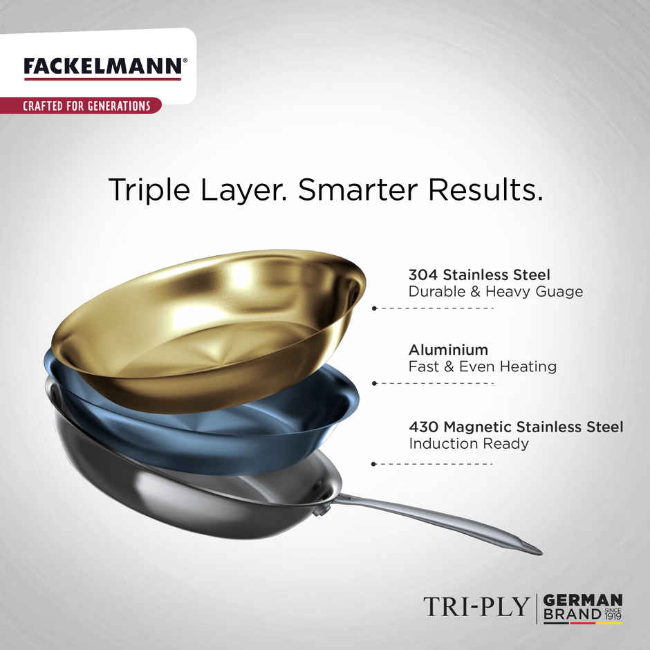 Fackelmann 24 cm Frying Pan, Triply | with Lid | German Quality | Energy-Efficient Fry Pan | Non-Toxic | Even Heating | Ideal for All Cooktops | Hassle-Free Maintenance | 5 Year Warranty