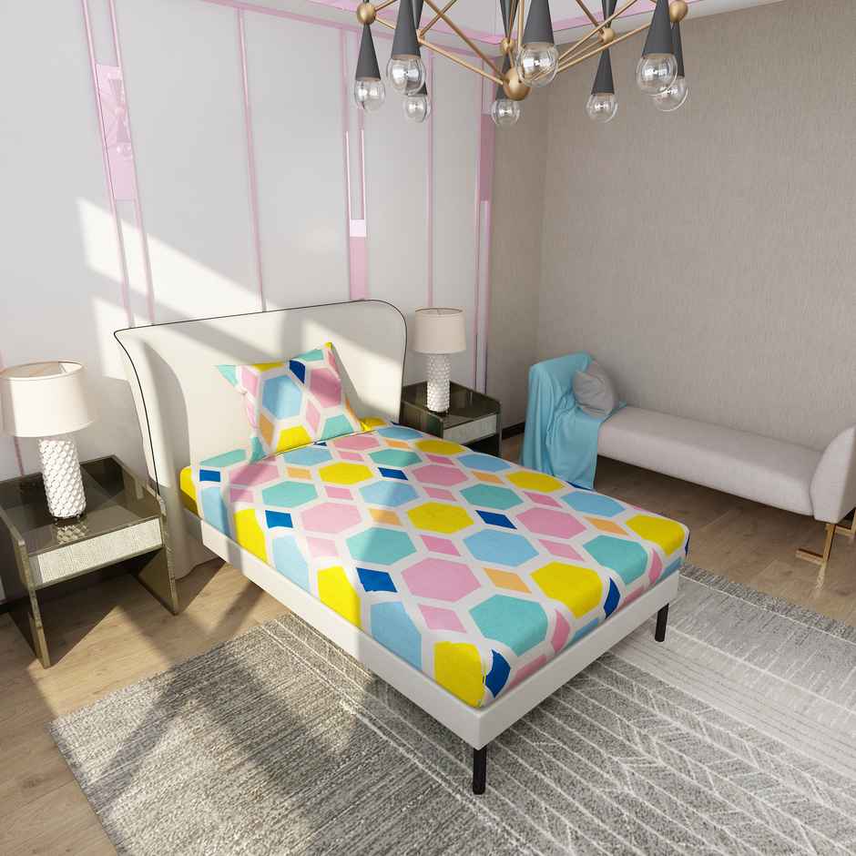 Dream Care Single Velvet Vista Geometric Bedsheet | With 1 Pillow | Multicolor | 88 x 60 in